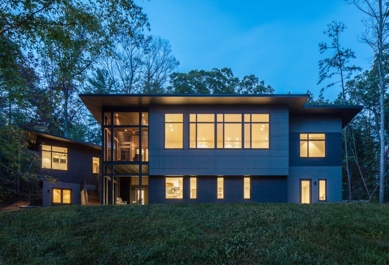 Swannanoa minimalist home rear exterior at twilight